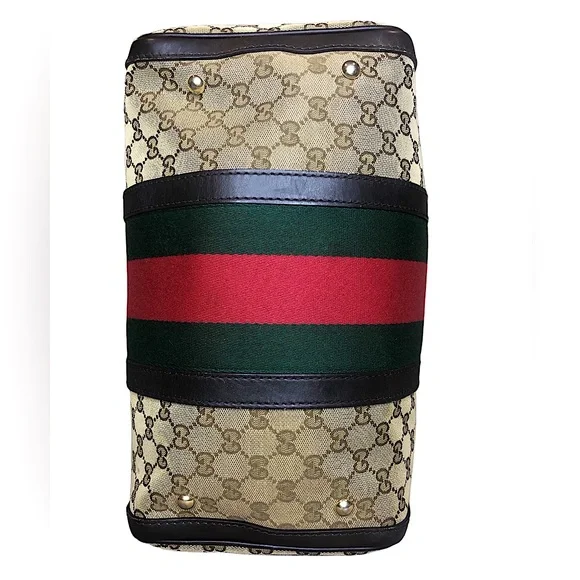 GUCCI GG Beige and Brown Boston Duffel Bag with Red and Green Sherryline Stripes - Picture 5 of 17